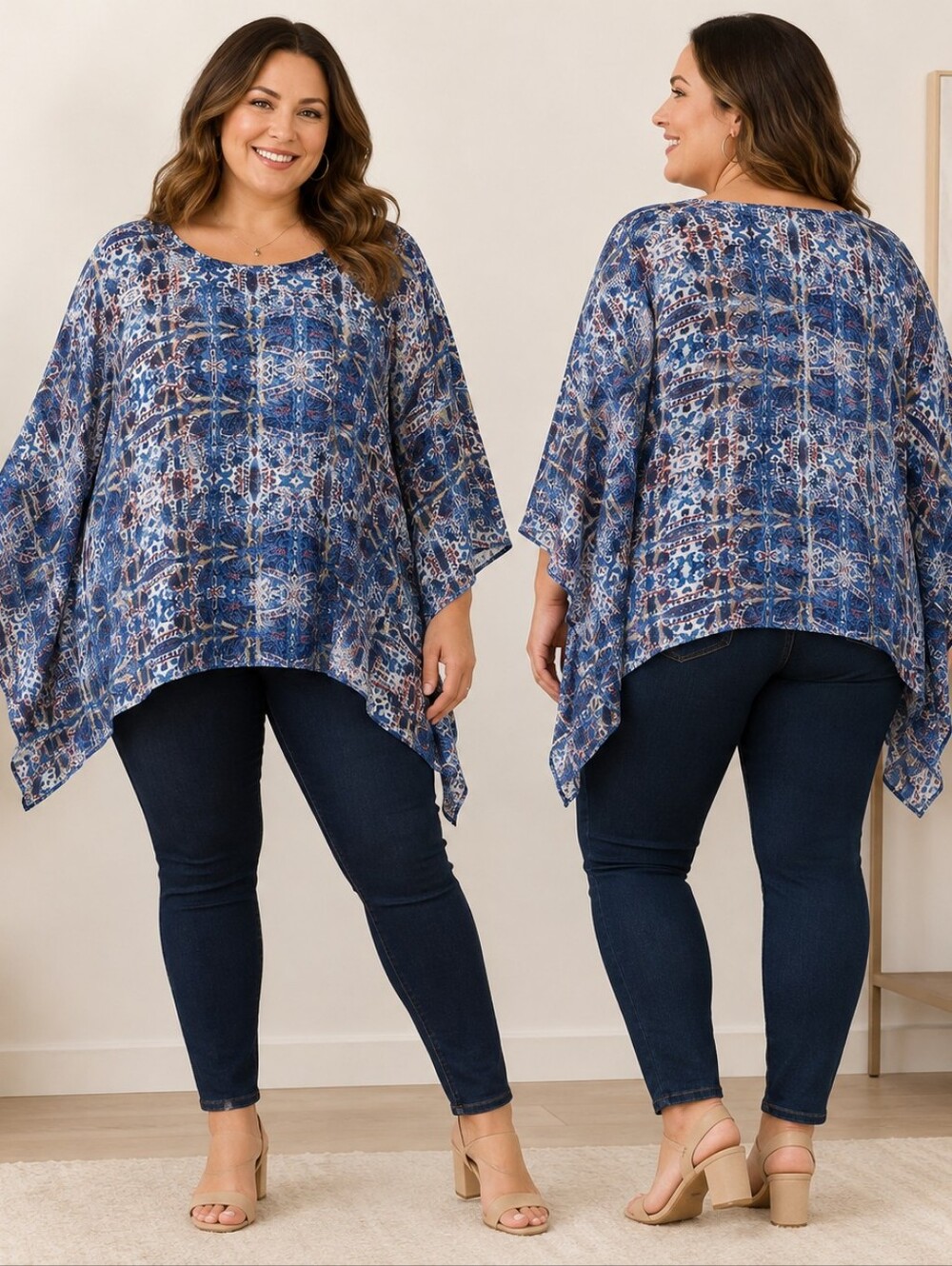 Cato Woman 22/24W Blue Paisley Poncho Top Dolman Sleeve Boho Coastal Artsy Conte